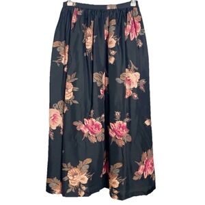 Vtg Laura Ashley Silk Black Pink Roses Floral Midi Skirt Romantic Tea Party US 4